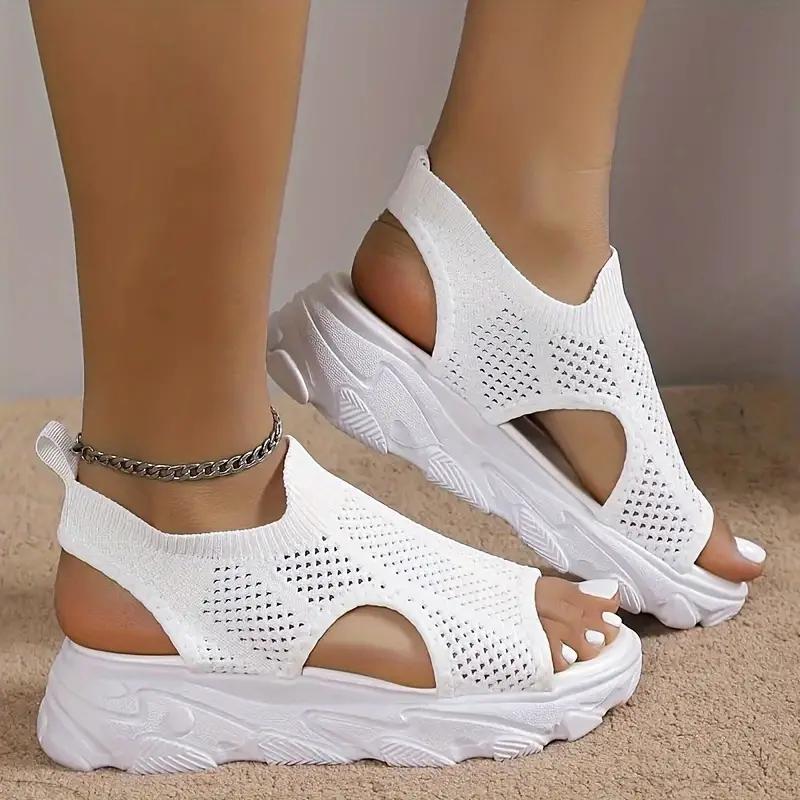 Women's Platform Knit Sandals Breathable Peep Toe Hollow Out Slip On Shoes Casual Outdoor Slingback Sandals