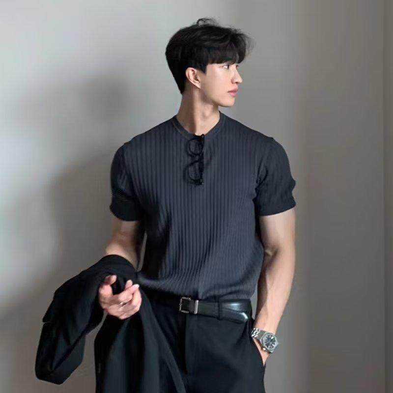 Men s Slim Fit Short Sleeve Ribbed Knit T-Shirt Crew Neck M синий