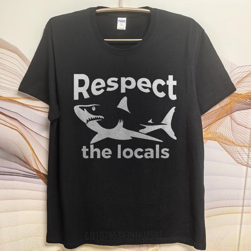 Mens Tshirt Cotton Shirt Unisex Summer Unisex T Shirt Respect The Locals Shark Design Short Sleeve Workout Round Neck Tops