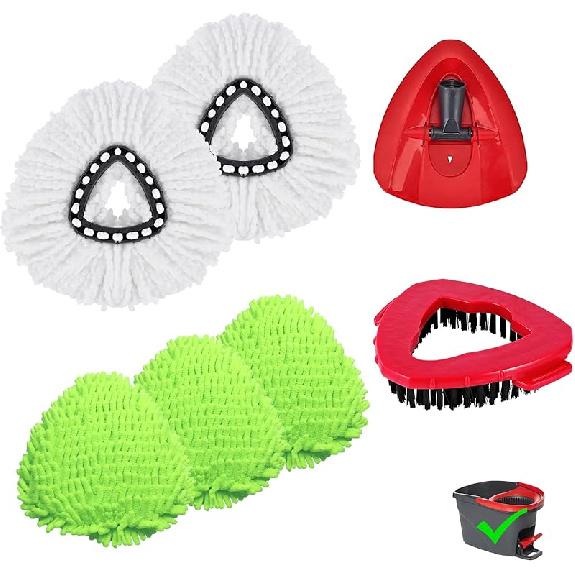 7 Pack Reusable Microfiber Mop Pads Compatible with O-Cedar EasyWring Triangle Mop,3 Elastic Mop Head 2 White Mop Replacement,One Scrub Brush & One