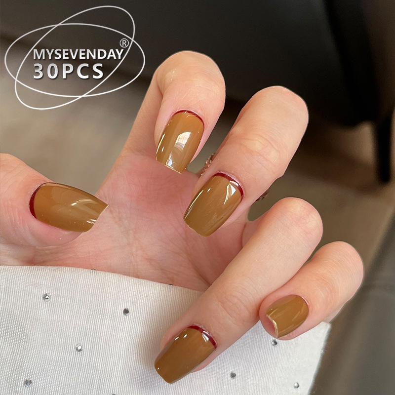 30-Piece Caramel Coffee Gel Short Wearable Nail Art Patches - Handmade & Removable