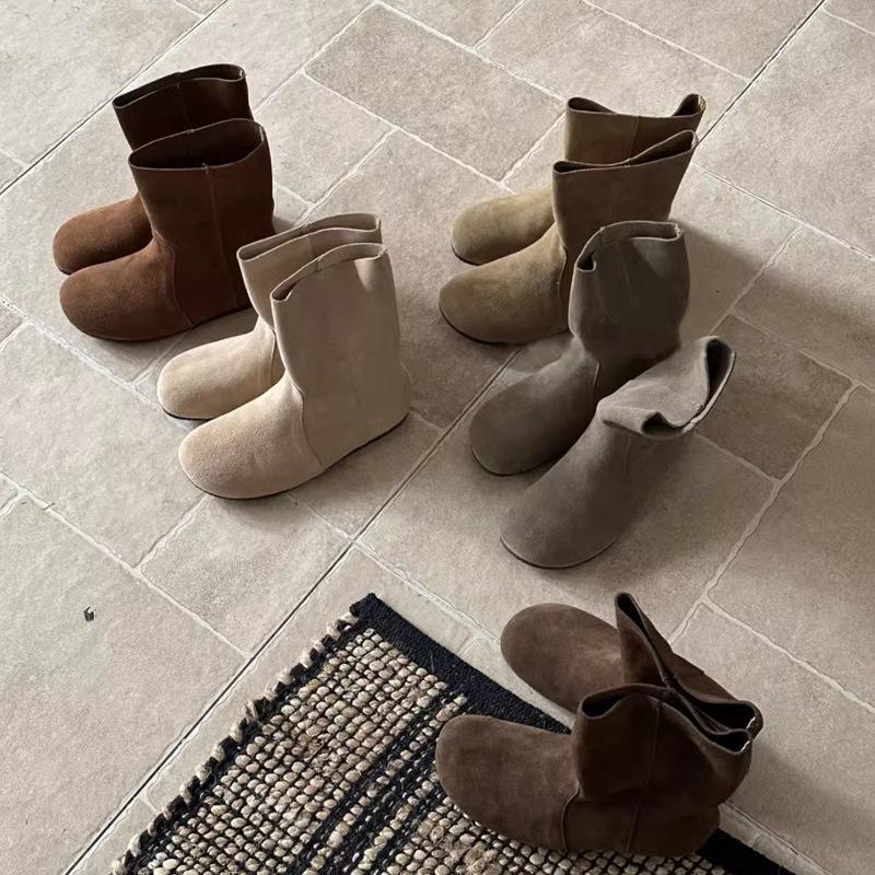 Retro leather boots comfortable flat-bottomed short boots round-toed Martin boots new soft-soled wide boots in autumn and winter