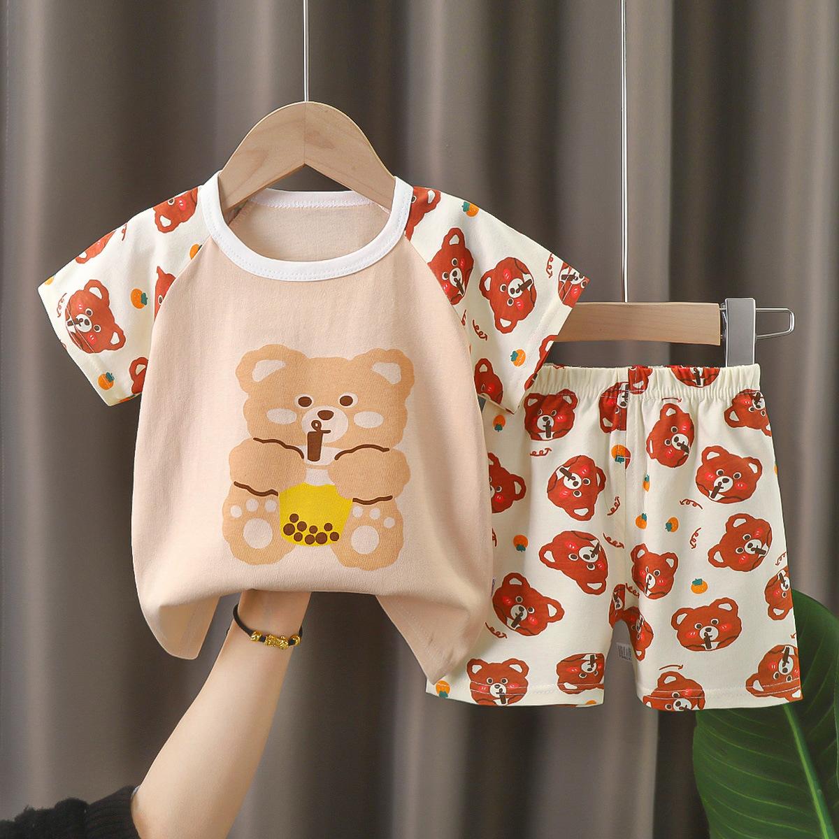 

Children s short sleeved set made of pure cotton, summer new style for boys, summer clothes for babies, T-shirts for girls, thin children s clothing 130cm