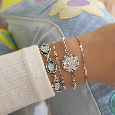 Accessories, Creative Round Bead Fine Chain Jewelry Set, Retro Hollow Opal Stacked Ethnic Bracelet