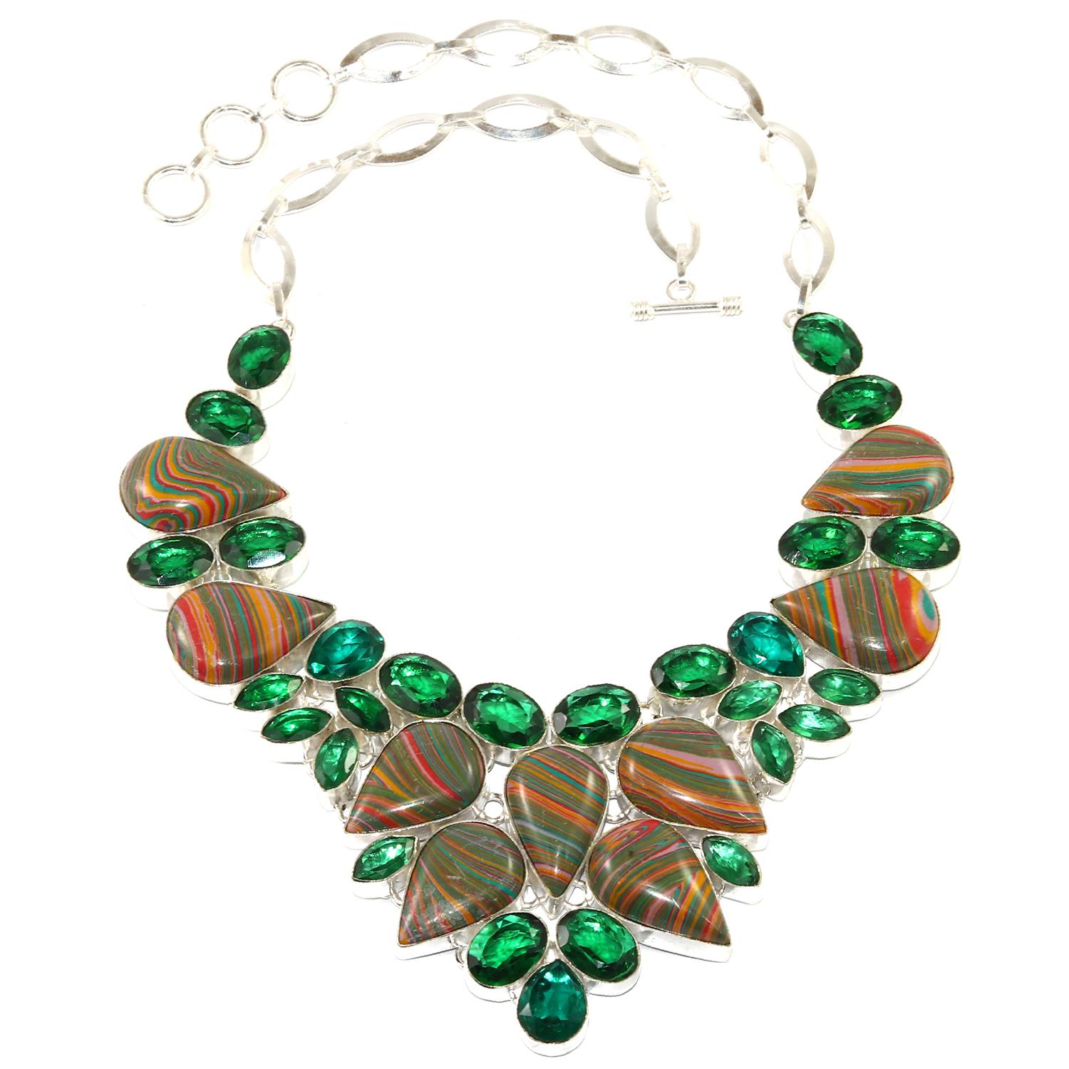 

Rainbow Calsilica Emerald Gemstone 925 Silver Jewelry Necklace 16-18
