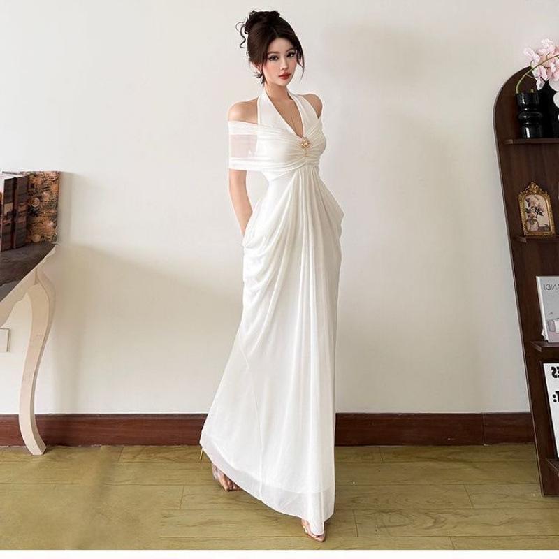 French Pure Desire Style Pleated Slim and Thin Neck Dress Femininity Drape Dress
