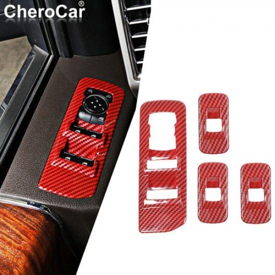 Window Lift Switch Button Panel Cover Trim Red Carbon Fiber For 15-20 Ford F150