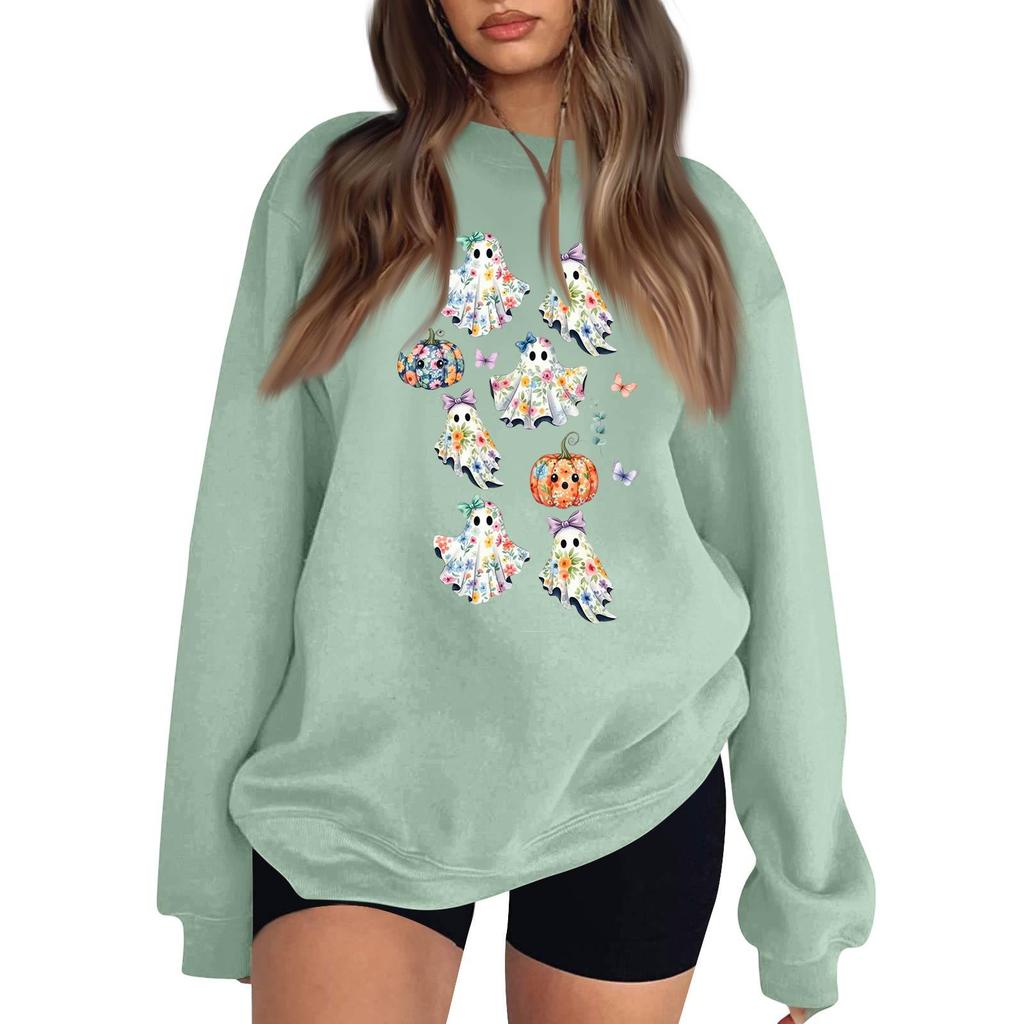 Women's Neck Long Sleeve Loose Fit Casual Sweatshirt Pullover Top with Halloween Print