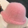 Polyester Warm Winter Bucket Hat Rabbit Fur Blend Rolled Brim Hat Fuzzy Fisherman Hat  Cold Weather