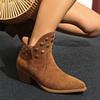 Botas Cowboy Ocidentais de Cano Curto Novas para Mulheres Camurça Salto Grosso Bico Fino Boca V Afunilantes Estilo Britânico Retrô Botas Curtas Mulher