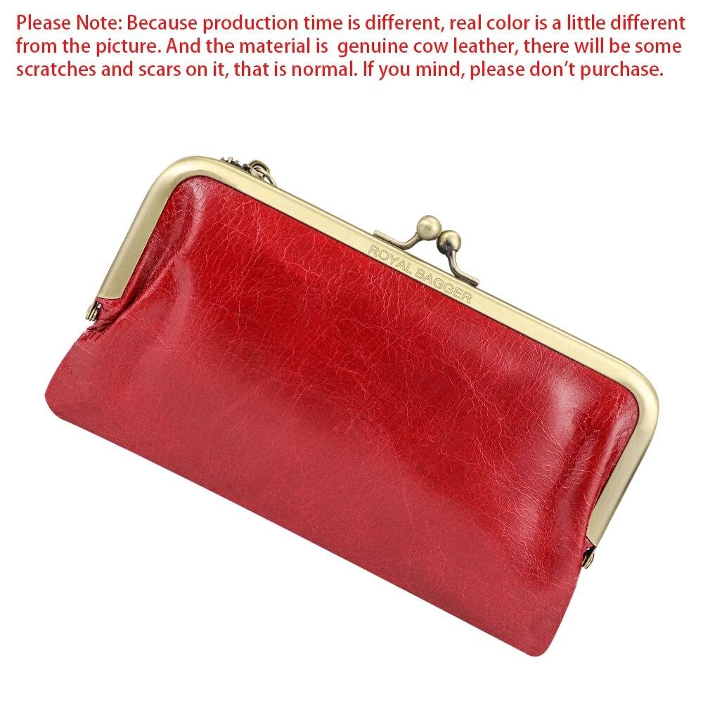Royal Bagger Retro Long Wallet for Women Genuine Cow Leather Clutch Coin Purse Large Capacity Card Holder with Kiss Lock 1497