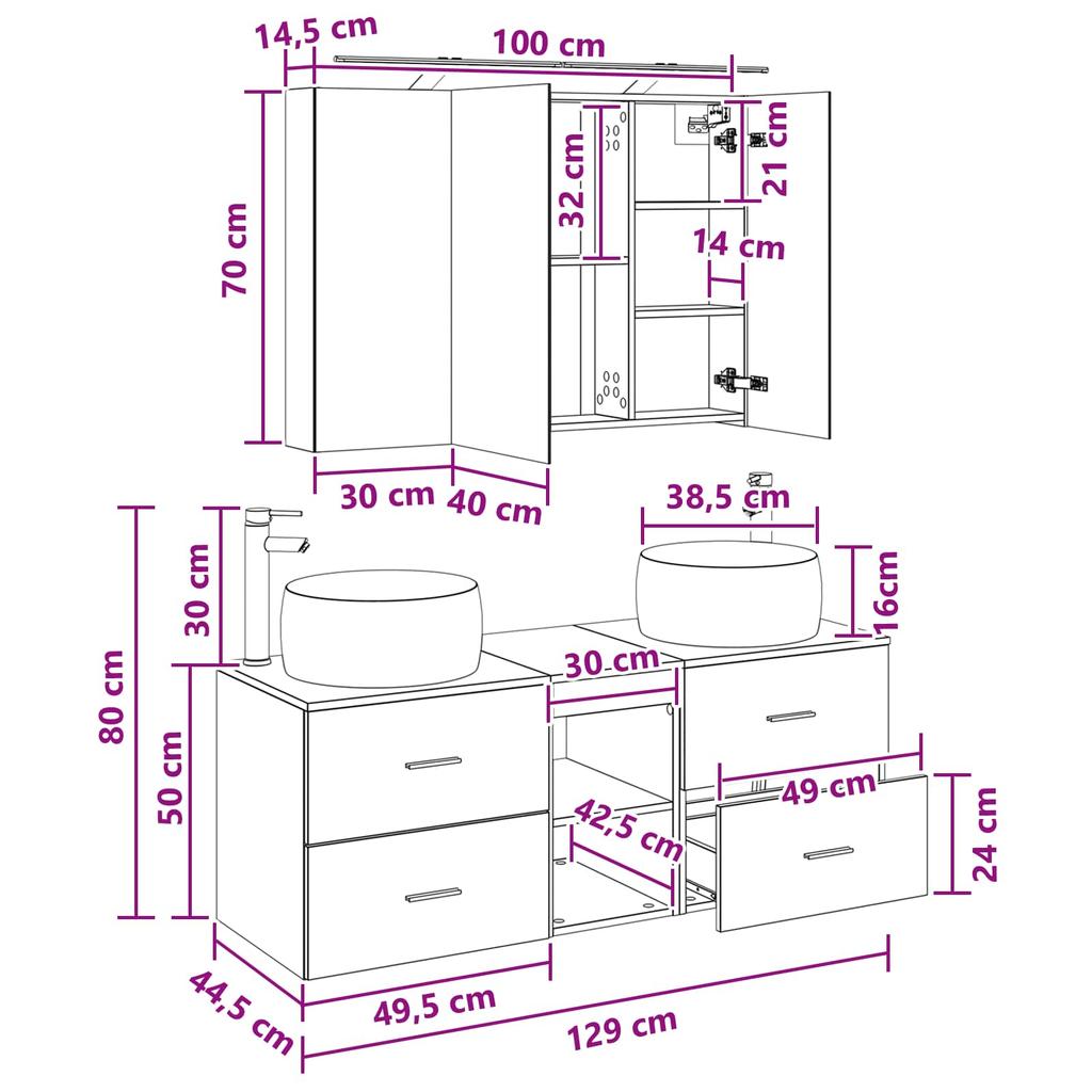 Bathroom Furniture Set 4 Pcs Black Oak Engineered Wood & Glass