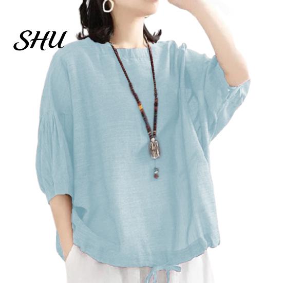Summer Casual T-shirt Women O-Neck 3/4 Batwing Sleeve Pullover Blouse Tops Solid Color Loose Fit Streetwear Shirt