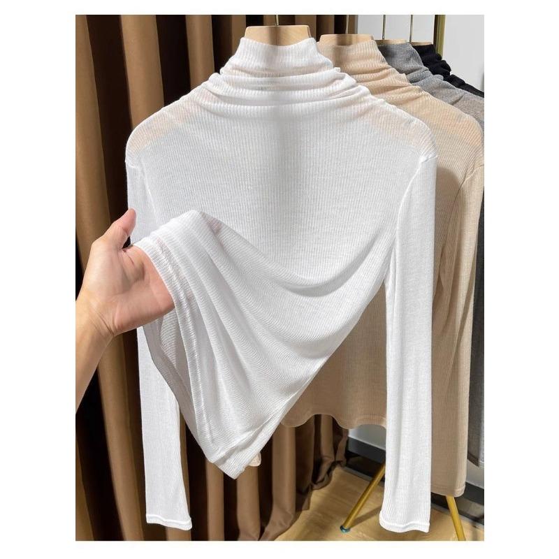 Slightly See-through Collar Long-sleeved Women's Autumn Fashionable Layered Tops with Base Layers