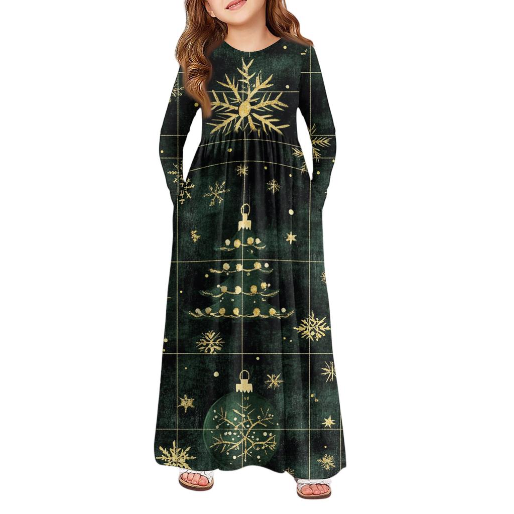Girls' Maxi Dress - Long Sleeve Pocket Dress Christmas Day