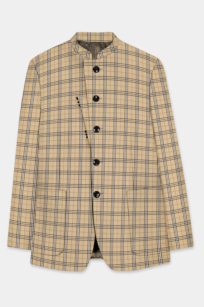 Noble Tones-Sandal Cream Plaid Wool Rich Bandhgala Designer Blazer
