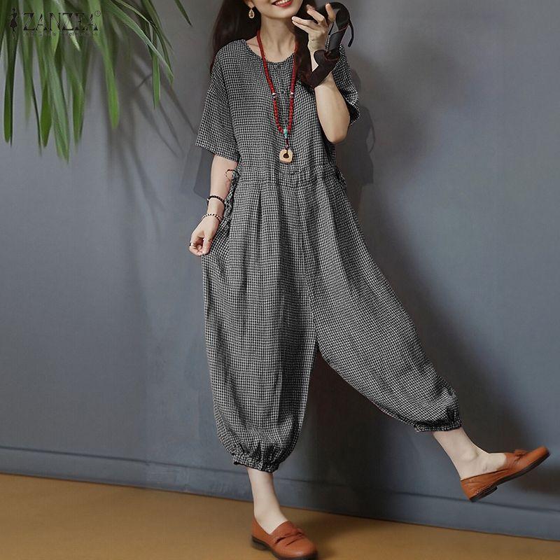 ZANZEA Women Casual Round Neck Short Sleeve Loose Grid Print Jumpsuits