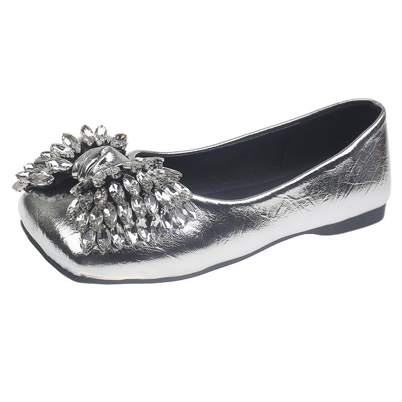 Fashion rhinestone silver French square head flat sole shoes women's summer 2025 new with skirt retro Mary Jane shoes