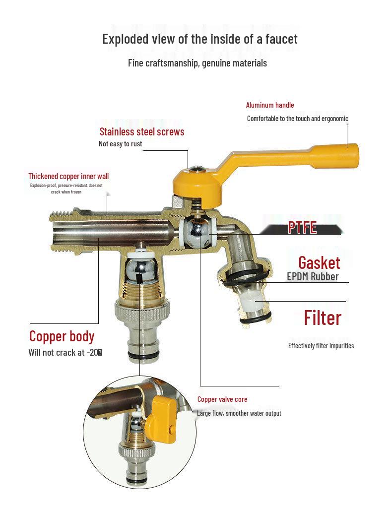 Retro Brass Dual-Outlet High Flow Anti-Freeze Crack-Resistant All-Copper Washing Machine Faucet