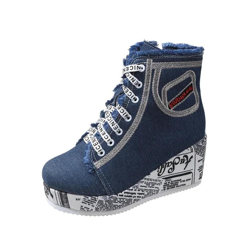 Mode Damen Neu Denim Keilabsatz Sneaker Plateau Stiefel Freizeit Vulkanisierte Schuhe Damen Seitenreißverschluss Botas
