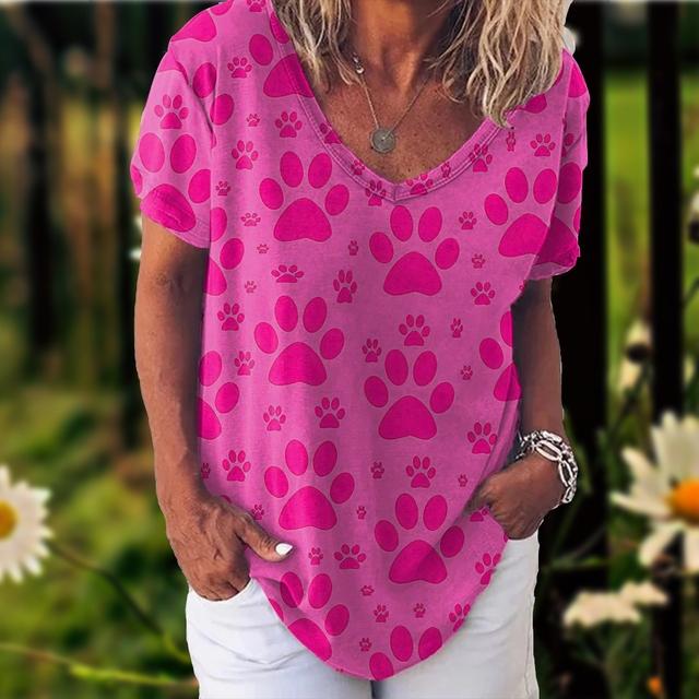 Tričko pro ženy Potisk Kočičí Dívčí Tričko Móda Léto Krátký rukáv Výstřih do V Ležérní Volný Top Oversized Dámská Streetwear Košile