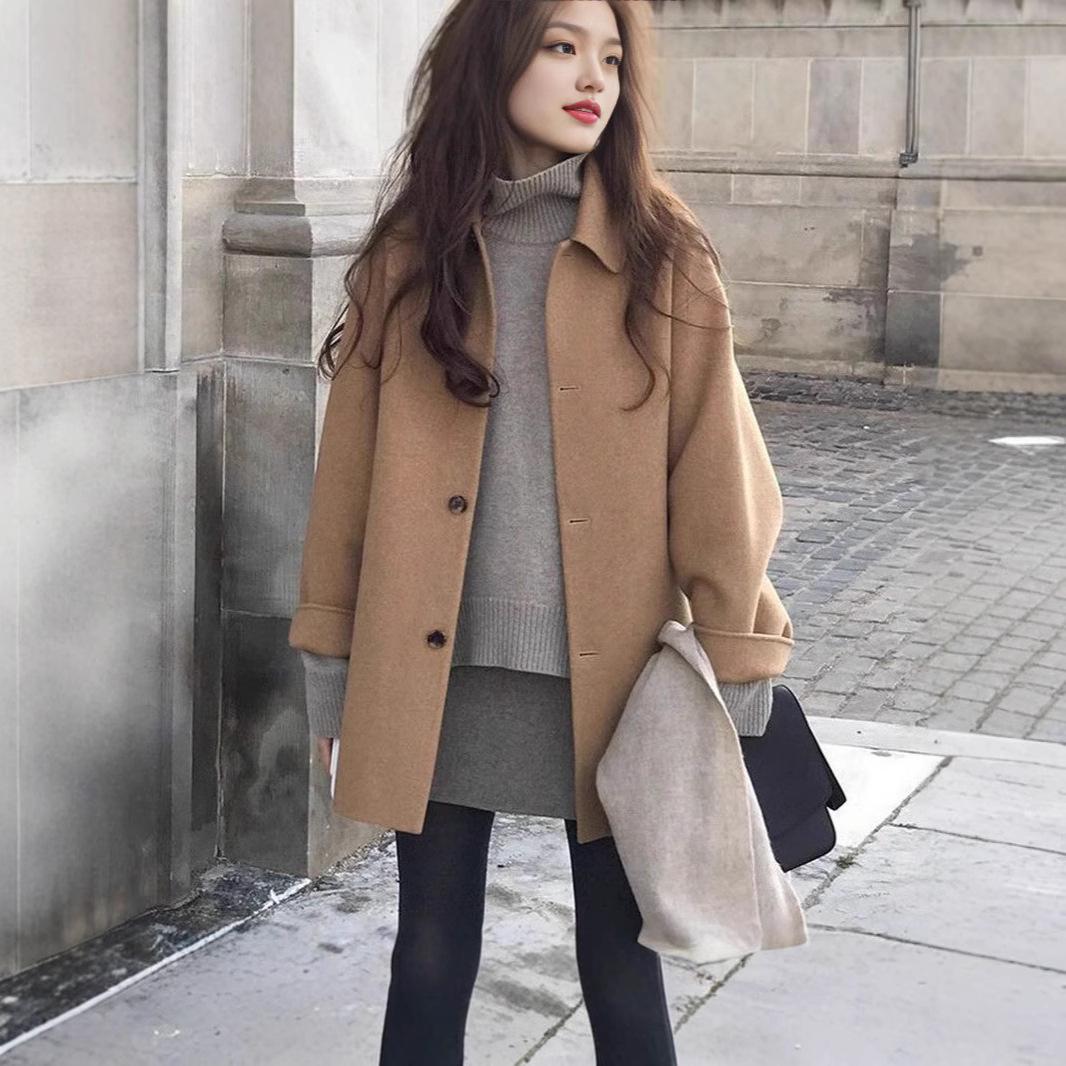 

Women s 2024 Hepburn-Style Wool Coat - Korean Loose Fit Extra Large
