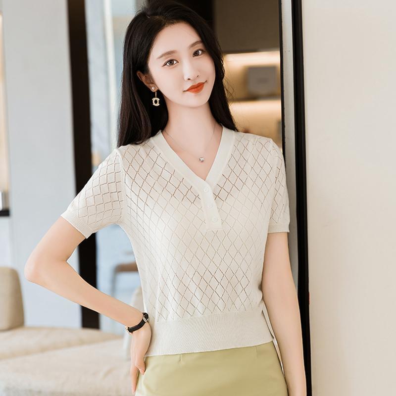 

Женская футболка с V-образным вырезом из ледяного шелка с коротким рукавом, летняя, новая модная, приталенная, вязаная, короткий топ с ажурным узором XL белый