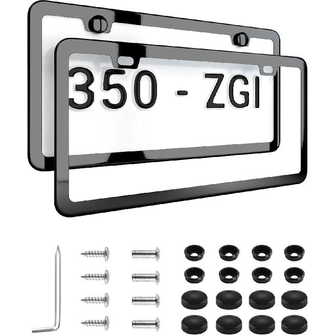 Black With Chrome Finish License Plate Frame - Stainless Steel Metal Frame With Screw Caps, 2 Pack (Chrome Black(Mirror Finish))