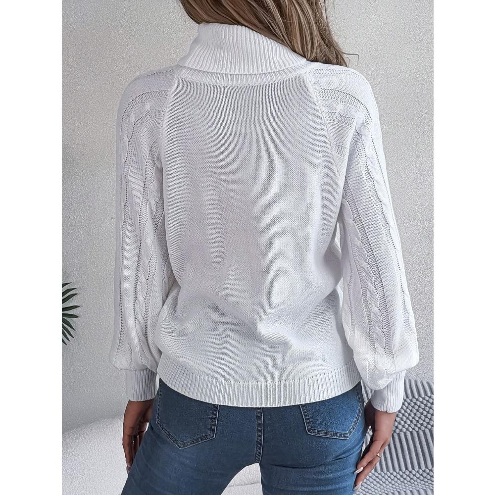 Autumn/Winter Casual Solid-Colour Buttoned Cable-Knit Turtleneck Bell-Sleeve Pullover for Women
