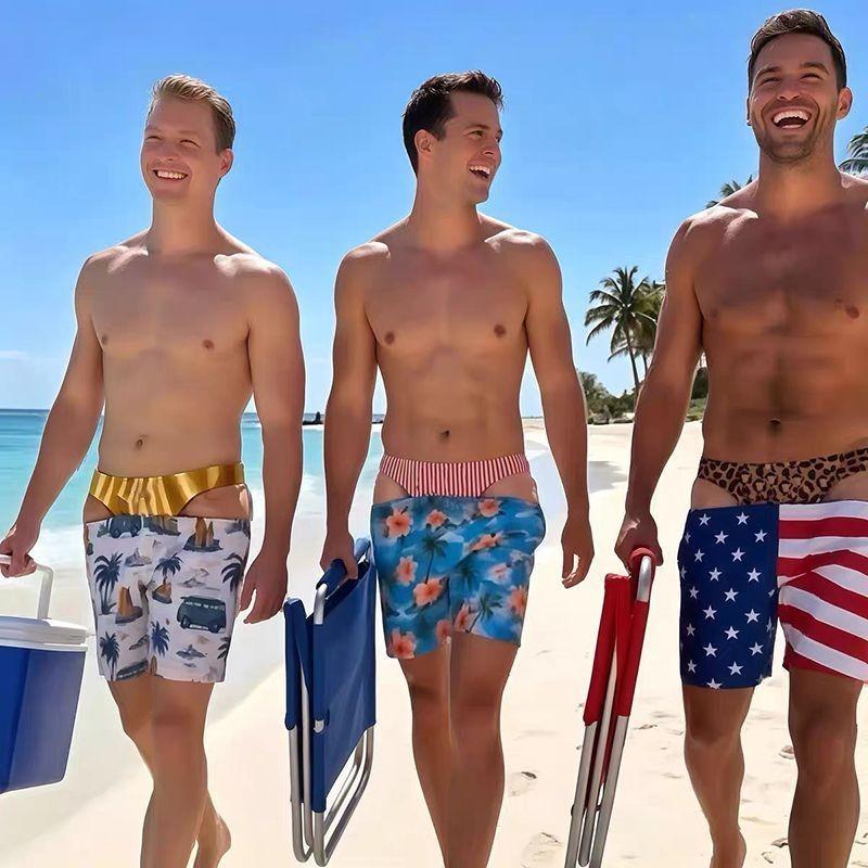 Men's Novel 3D Fake Hip Printed Swimming Pants with Fun Mischief Design Drawstring Summer Beach Surfboard Swimming Shorts