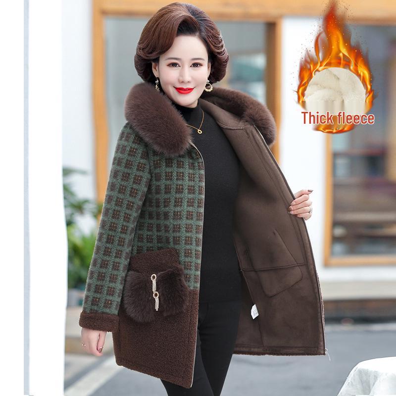 

2025 Stylish Hooded Woolen Winter Coat for Middle-Aged and Elderly Women with Mink Velvet XL (90-110 Jin) зелёный