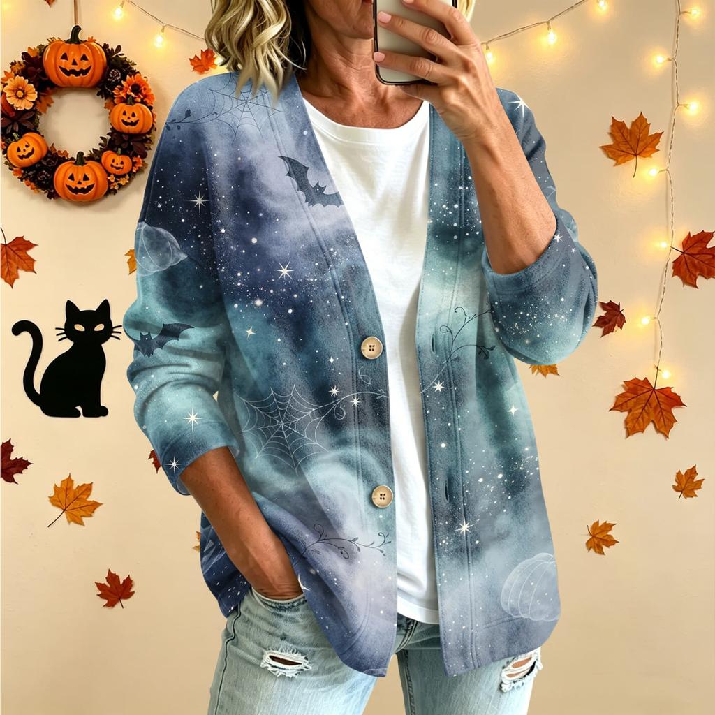 Women's Casual Long Sleeve Jacket with Halloween Print for Holiday Parties