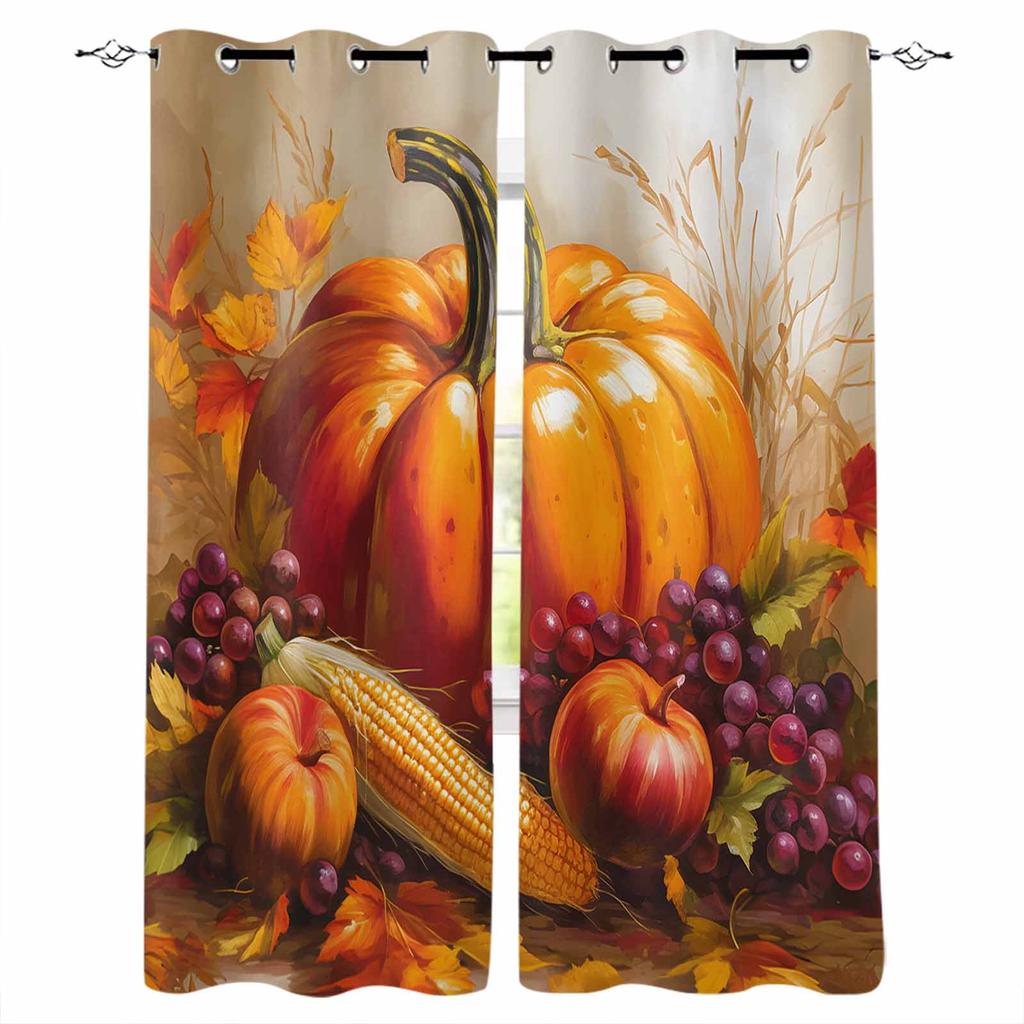 Autumn Pumpkin Maple Leaves Blackout Curtains For Living Room Bedroom Window Treatment Blinds Drapes