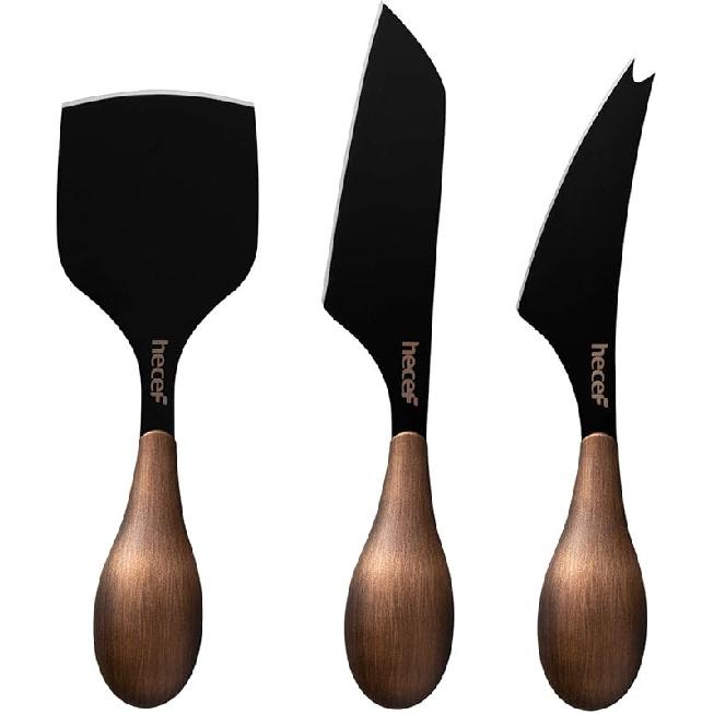 hecef Cheese Knife Set of 3, Bronze Grain Multipurpose Retro Cheese Knives, Set includes Pronged, Hard Cheese & Chisel Knife, Black Bronze Grain