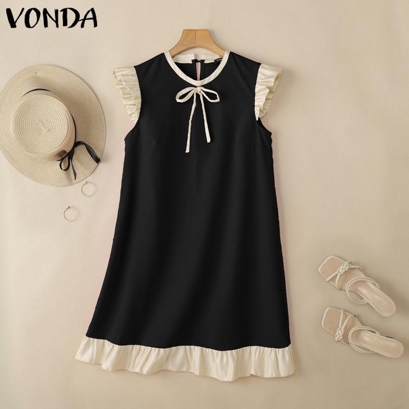 

VONDA Women Summer Sleeveless Bow Knot Ruffled Splicing Tanks Dress S