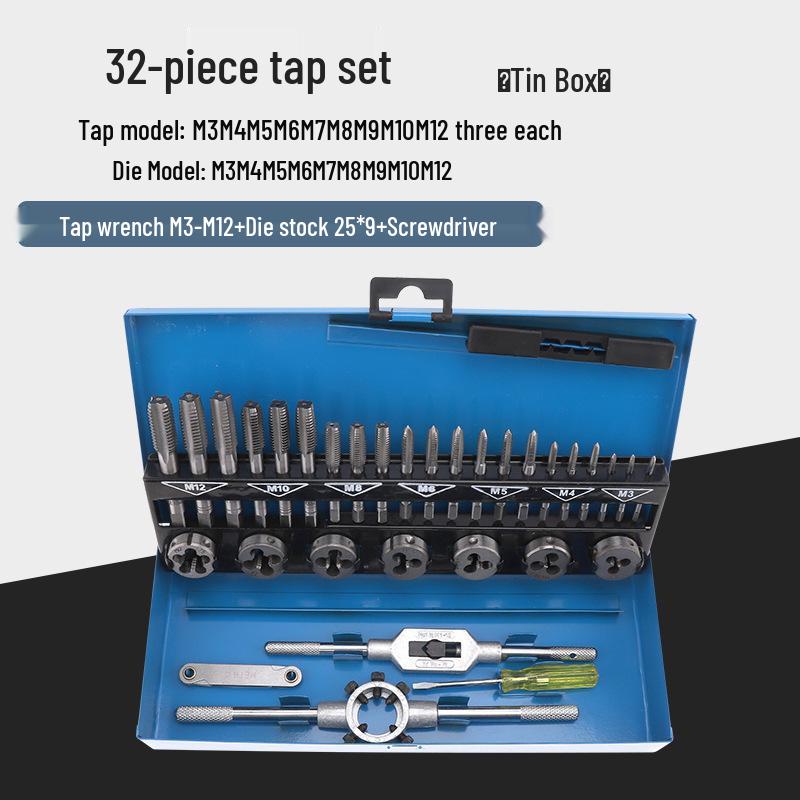 Manual Tap and Die Set: Tapping Drill Bits & Wrench Kit M3-M30