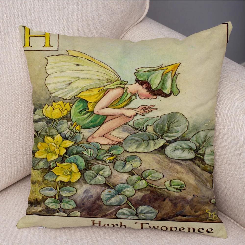 Vintage Floral Girl Pillowcase Decor Cute Cartoon Flower Elf Fairy Tale for Sofa Home Pillow Case Soft Plush Cushion Cover