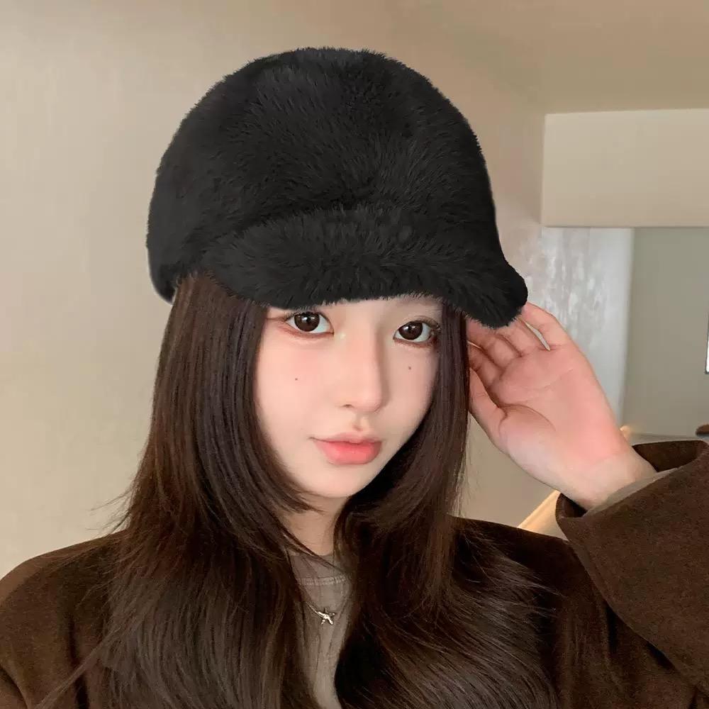 Faux Mink Baseball Cap for Women Winter Thickened Warm Hat with Wide Brim Slouchy Style for Small Face Oversized Brim Cap