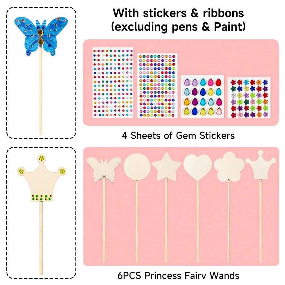

6 Styles Fairy Wands With Gem Stickers 6/12Pcs Wooden Princess Wands Craft Kit For Kids DIY Painting Birthday Party Favors Gifts