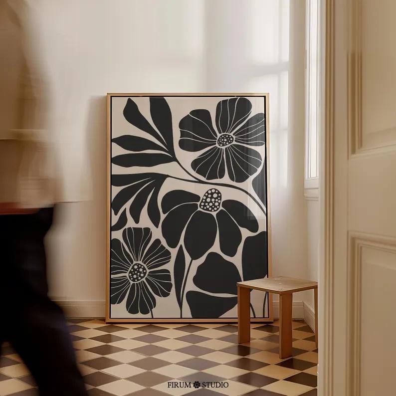 Abstract Botanical Printable Art, Beige Black Wall Canvas Art, Neutral Botanical Beige Printable Art, Floral Botanical Poster 21X30CMNo Framed