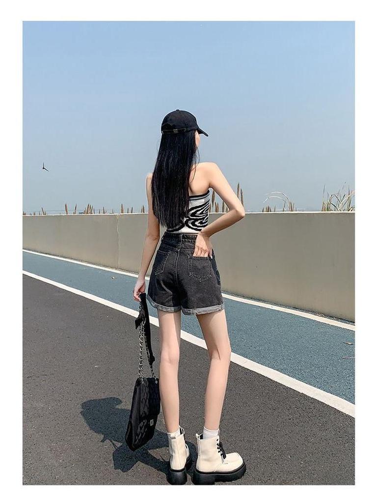 2026 Korean Style Gradient High-Waisted Loose Denim Shorts for Women