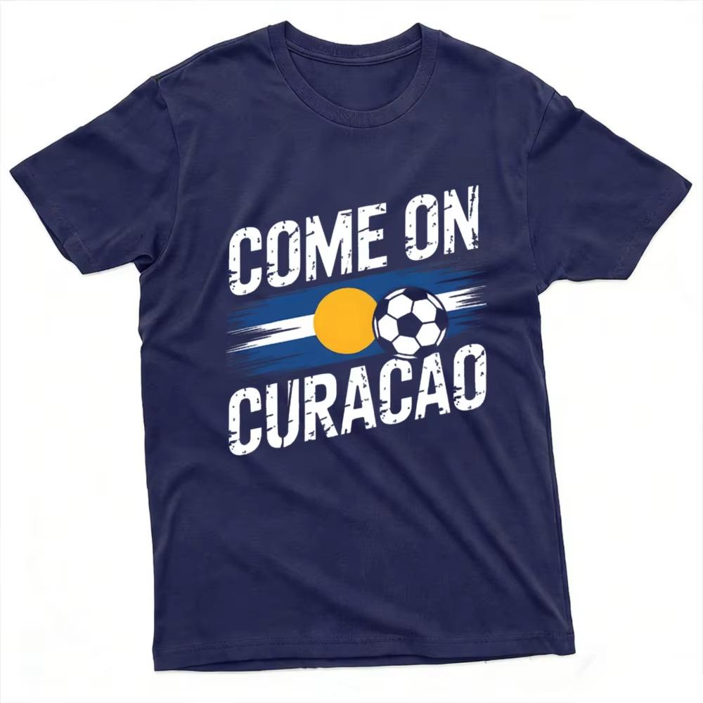 Come on Curacao Flag Soccer Ball Graphic T Shirt Vintage Distressed Print Sports Fan Supporter Casual Streetwear Football Tees