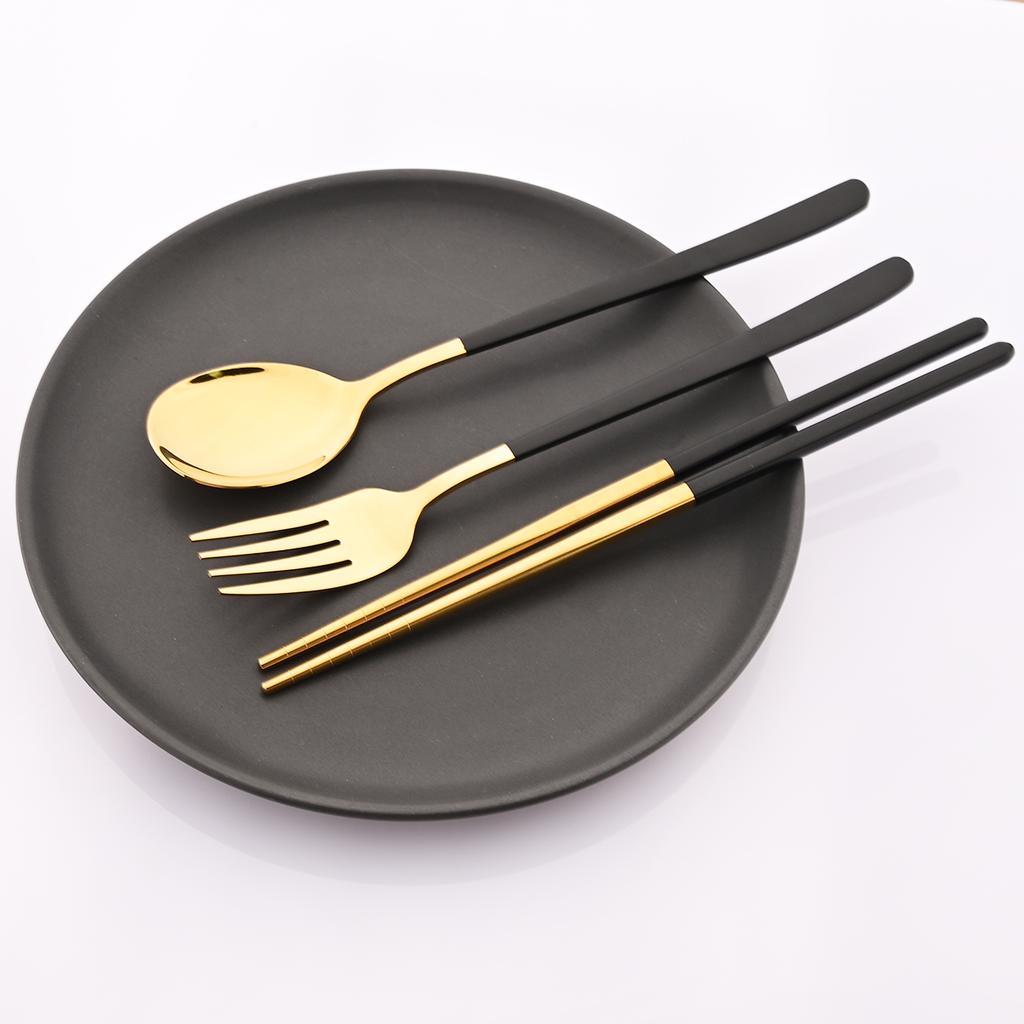 12pcs Colorful Dinnerware Set Korean Style Spoon Non-slip Chopsticks Cutlery Mirror Stainless Steel Flatware Kitchen Tableware