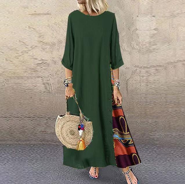 Retro Floral Cotton Linen Dress with Color Block, Round Neck, Button Patchwork, and Three-Quarter Sleeves for Spring and Autumn.