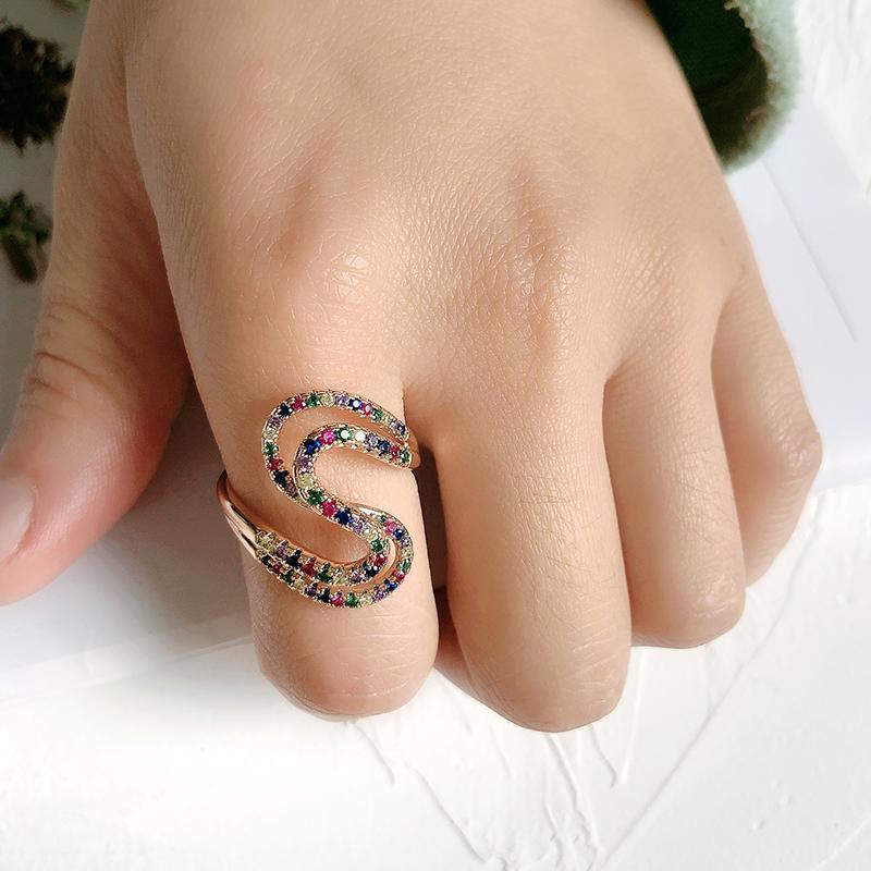 Wbmqda Unique Colorful Zircon S Shape Geometric Ring For Women 585 Rose Gold Color  Personalized Jewelry Accessories