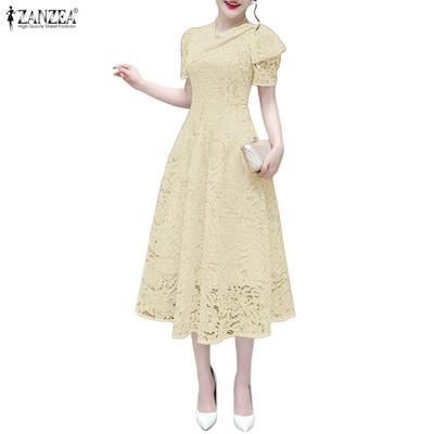 Women Round Neck Short Sleeve Lace Patchwork Long Dress
