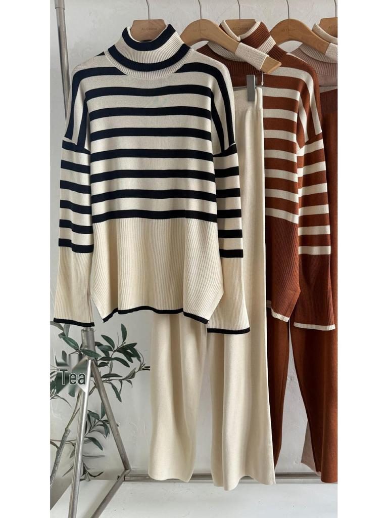2025 Striped Knit Two-Piece Set: High-Neck Sweater & Loose Casual Long Sleeve Women's Outfit