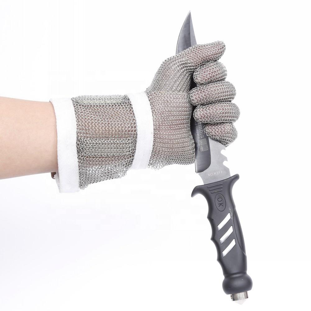 Stainless Steel Chainmail Ring Mesh Gloves Cut Resistant Hand Protection with 8cm Textile Cuff for Butchers