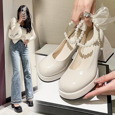 French Mary Jane Shoes Women's Summer 2025 New Pearl Bow Thick Heel High Heel Sandals Fairy Style Small Leather Shoes