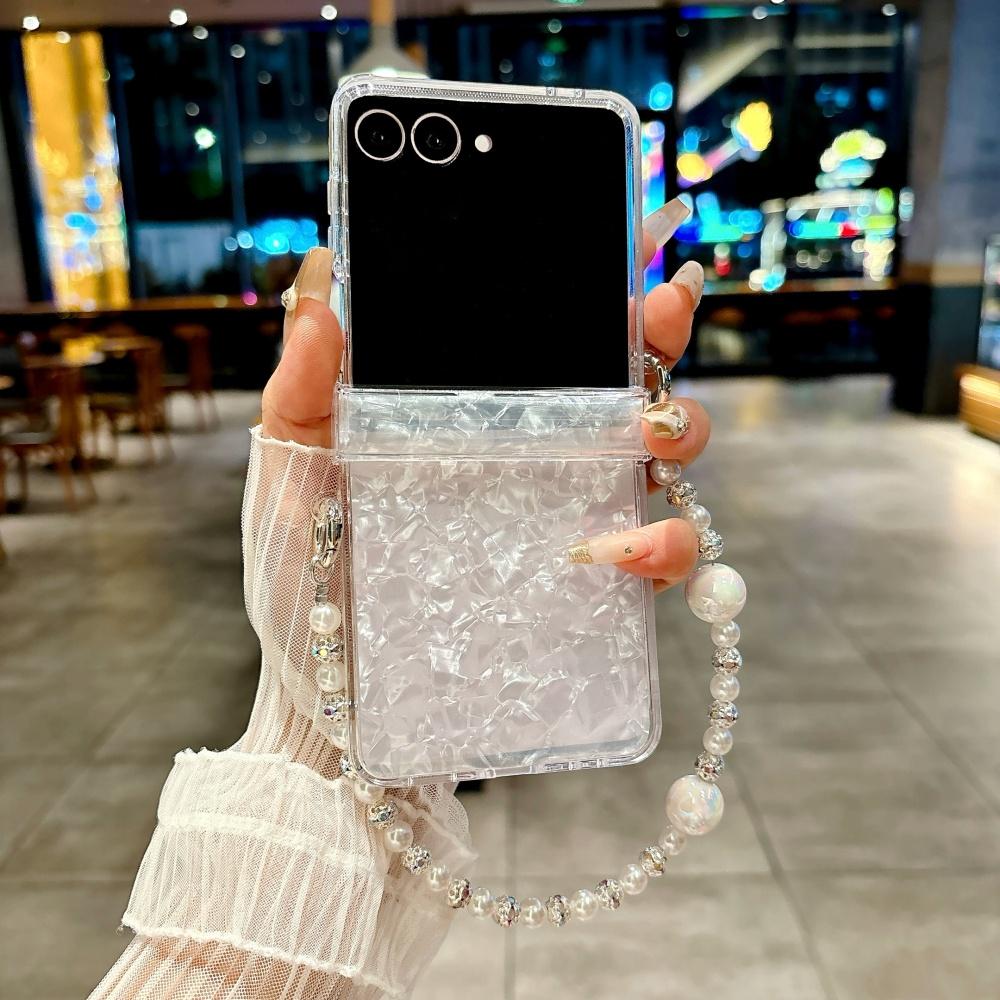Luxury Shell Pattern Beads Bracelet Case for Samsung Galaxy Z Flip 7 6 5 flip 3 4 zflip7 Hand Wrist Chain Acrylic Hard Cover